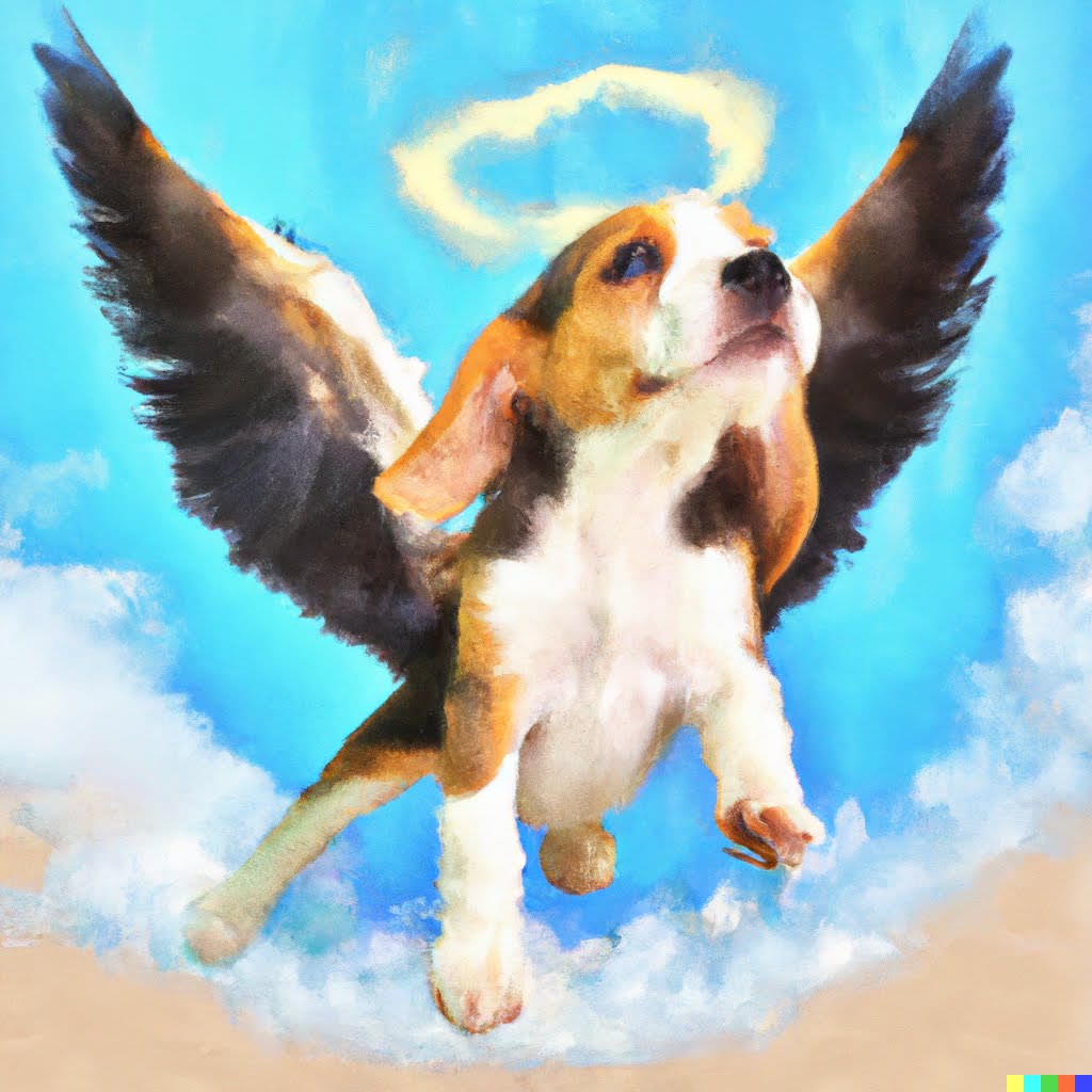 Pintura de Max como angelito con alas volando en el cielo
